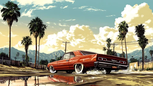 Muscle car drifts through sunlit palm-lined urban street.