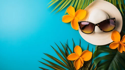Sunny day escape with hat, sunglasses, and tropical blooms.