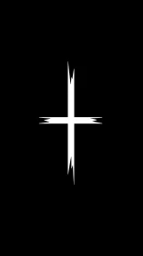 Minimalist fractured white cross on deep black field.