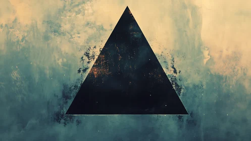 Mysterious dark triangle floating in a dreamy misty sky.