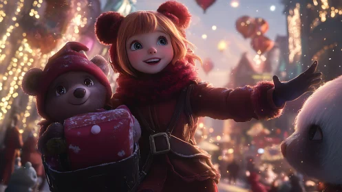 Snowlit wonder girl leads toy bear through glowing winter fair