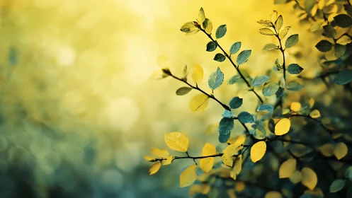 Sunlit Branch with Yellow Leaves in Soft Focus Nature Style.