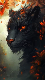 Fiery Lion: Black Beast with Burning Eyes and Autumn Leaves.
