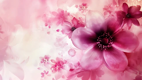 Pink cosmos flowers blooming against ethereal background.