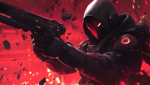 Armored cybernetic assassin fires through blazing red void.