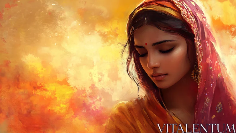 Portrait of woman in traditional veil with warm abstract glow.