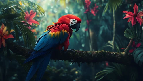 Scarlet macaw rests on mossy branch in lush jungle twilight.