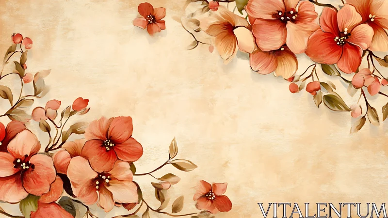 Coral Blooms Dance Across Vintage Parchment Canvas