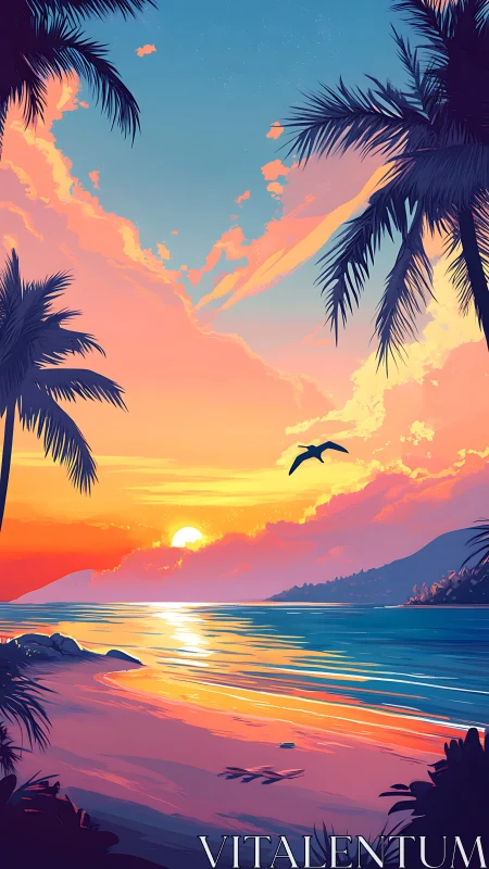 Sunset-tinted tropic shore where neon waves kiss dusk skies.