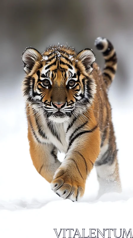 Juvenile tiger strides through snow with sharp focus and dynamic motion