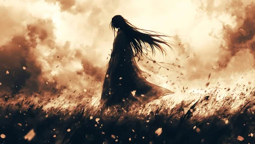 Solitary figure walks windblown field under storm-lit sky