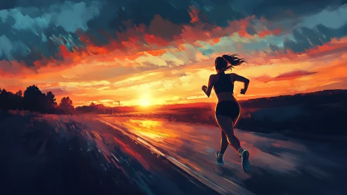 Sunset runner on glowing road in vivid brushstroke sky.