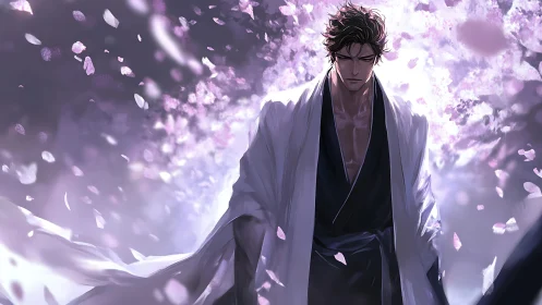 Stoic swordsman in flowing robe amid drifting petals.