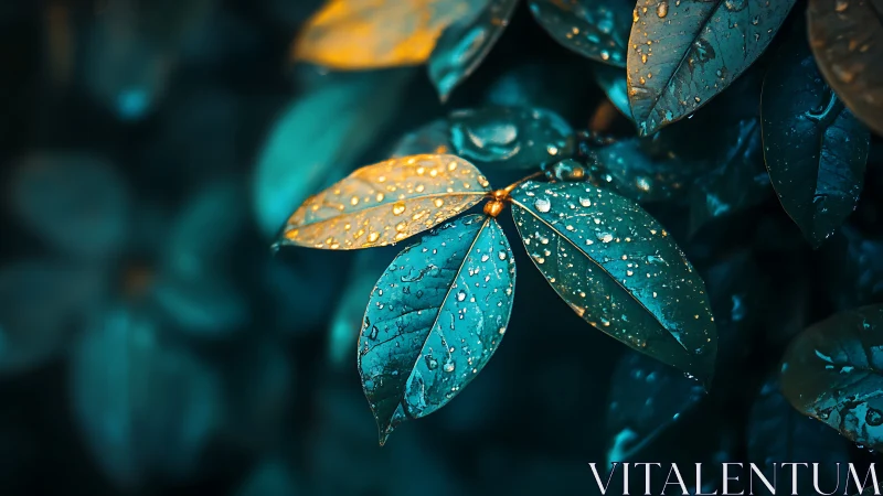 Glistening teal leaves with golden highlights after rain.