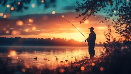 Sunset angler stitches quiet light across a glowing lake