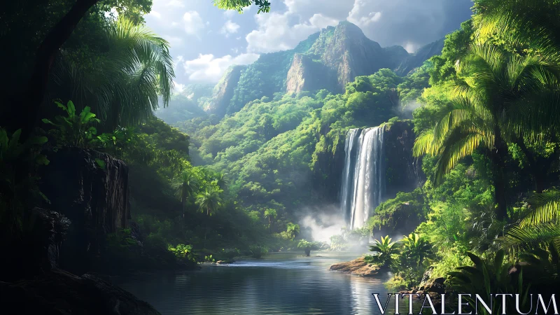 Sunlit jungle waterfall pouring into misty hidden lagoon.
