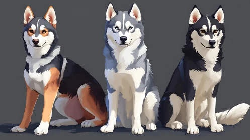 Friendly trio of husky dogs posing with bright, gentle charm.