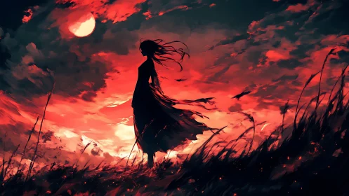 Silhouetted girl under blood red sky at dusk storm.