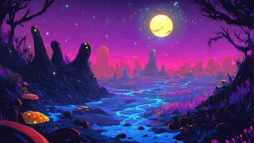 Moonlit river stitches neon dreams across alien meadows