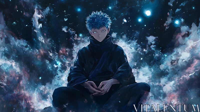 Stoic blue-haired warrior meditates within cosmic storm.