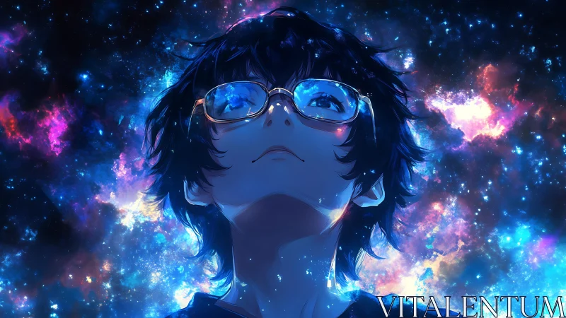 Young person in glasses against vivid cosmic backdrop.