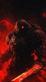 Infernal armored warrior strides through molten bloodlight.