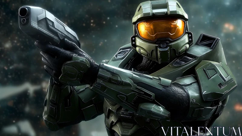 Armored space warrior steadies a gleaming sidearm in starlight