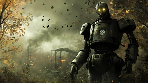 Humanoid robot stands in decayed forest with industrial ruins