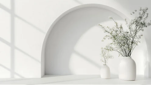Diffuse daylight on white arch niche with ceramic vases.