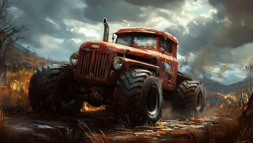 Rusty monster truck roars across a storm-swept wasteland.