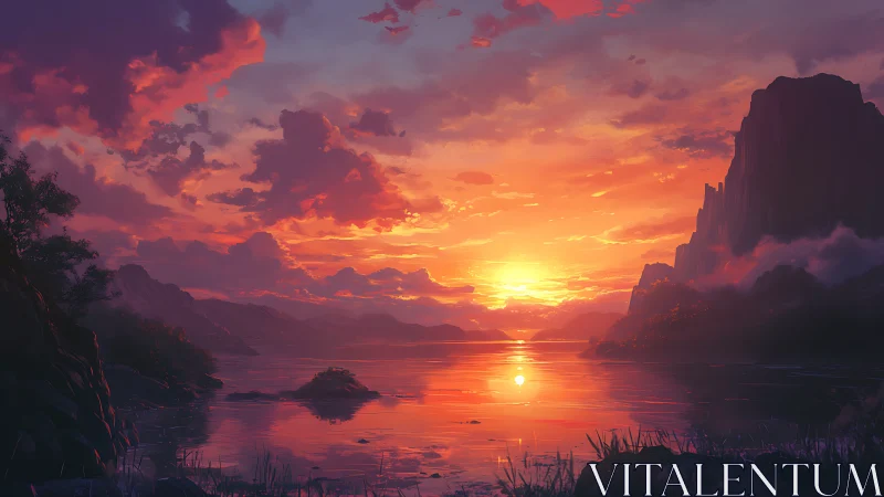 Softly glowing sunset over tranquil storybook lake shores.