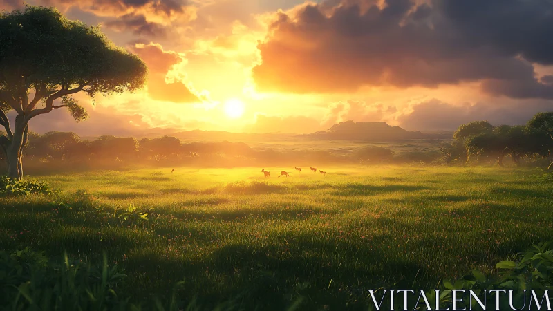 Sunlit grassland landscape with distant grazing animals