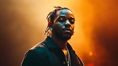 Warm stage glow around a confident musician in the spotlight.