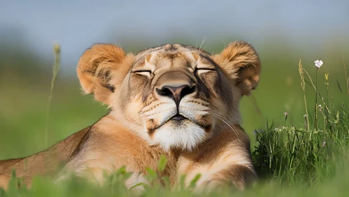 Lioness resting peacefully in bright green grass field.