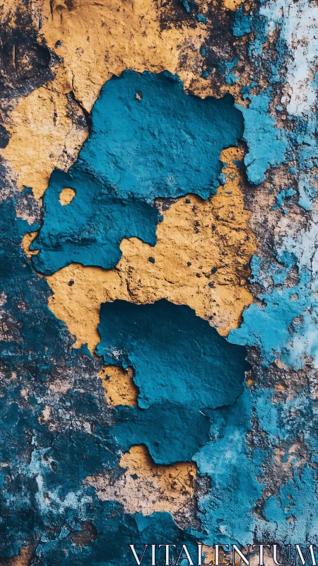 Textured peeling blue and ochre wall with rich patina details.