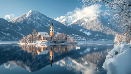 Snowy alpine church reflects in tranquil winter lake.