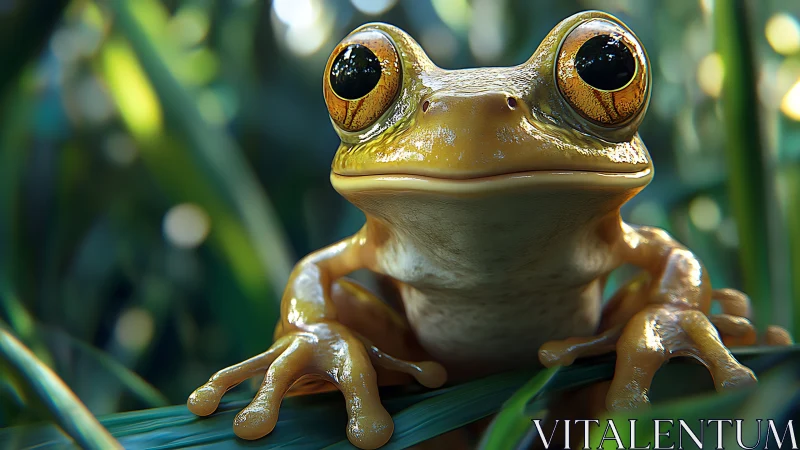 Curious golden frog with wide eyes in lush green leaves.