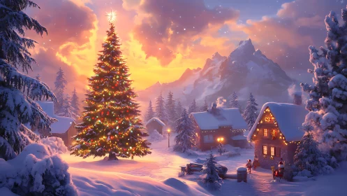 Illuminated alpine village under radiative winter sunset sky.