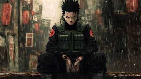 Battle worn ninja sits alone in rain soaked alleyway.