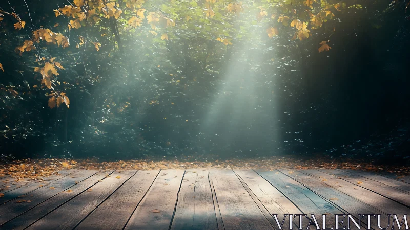 Sunlit forest clearing illuminates empty wooden deck