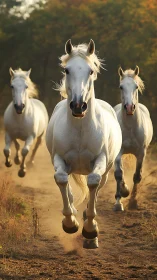 Galloping white horses in golden backlit dust trail charge