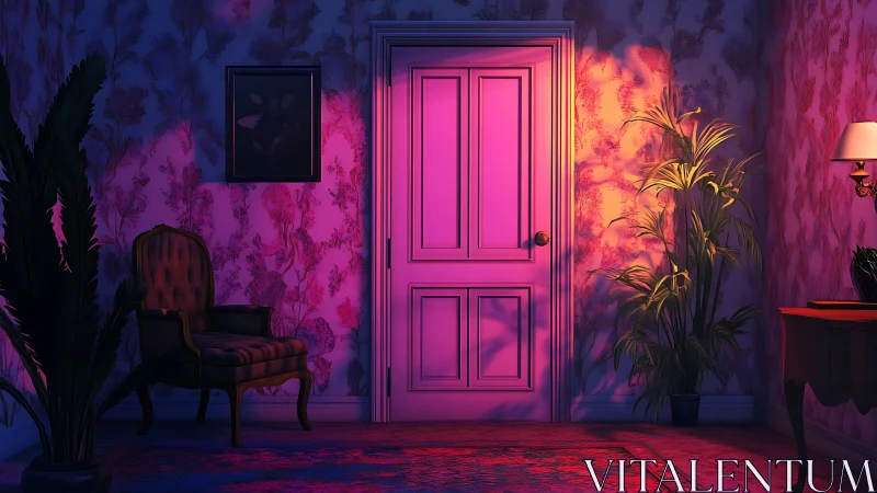 Dreamy pink doorway glowing in a cozy vintage hallway.