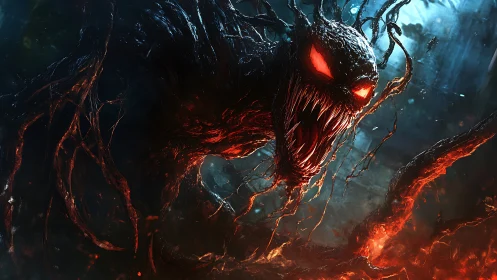 Demonic shadow creature emerges with glowing eyes and fire