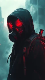 Hooded wasteland sentinel with red-luminous gas mask eyes