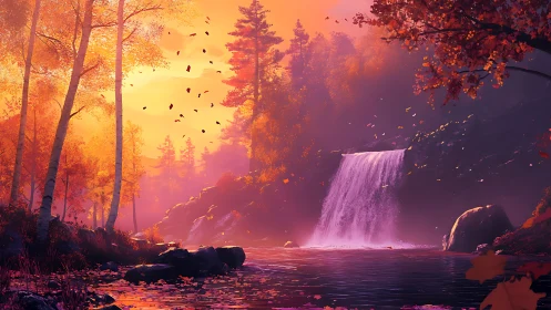 Autumn forest waterfall under saturated warm volumetric lighting