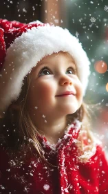 Child’s magical smile under softly falling holiday snow.