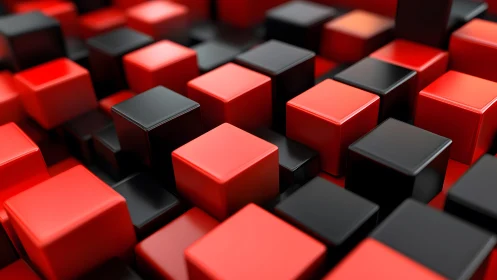 Parametric red and black voxel grid with glossy depth cues.