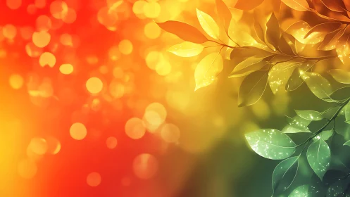 Digital painting of luminous leaves on fiery bokeh field.