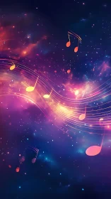 Musical notes flowing across colorful cosmic background.