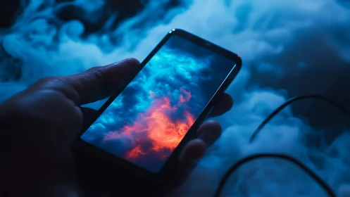 Smartphone screen clouds in neon blue and orange smoke.